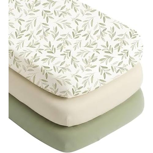 Konssy Silky Soft Bassinet Sheets 3 Pack, Ultra-Stretchy Bassinet Mattress Sheets 33"x 21" for Baby Girl Boy, Compatible with Baby Delight, Dream On Me, AMKE and Other Rectangle Mattress (Green Leaf)
