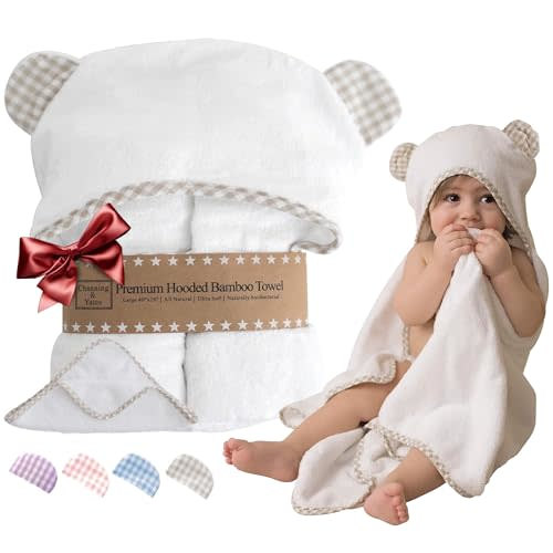 Channing & Yates Premium Boutique Organic Baby Bath Towel and Washcloth Set - Vicose Bamboo Baby Hooded Towel - Soft Baby Towels Baby Bath Essentials - Girl Boy Baby Bath Towels (Beige/White)