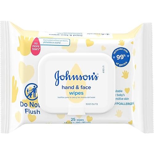 Johnson's Baby Hand & Face Cleansing Wipes to Remove 95% of Germs and Dirt from Skin, Pre-Moistened Allergy-Tested Wipes, Formula, Paraben- and Alcohol-Free, 25 ct