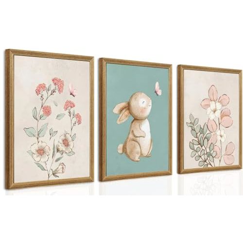 arfitest Nursery Wall Art Cute Bunny Botanical Flowers Wall Decor Pink Green Nursery Pictures Posters Girl Bedroom Canvas Prints gifts for Baby Boys and Girls Playroom paintings 12x16inch