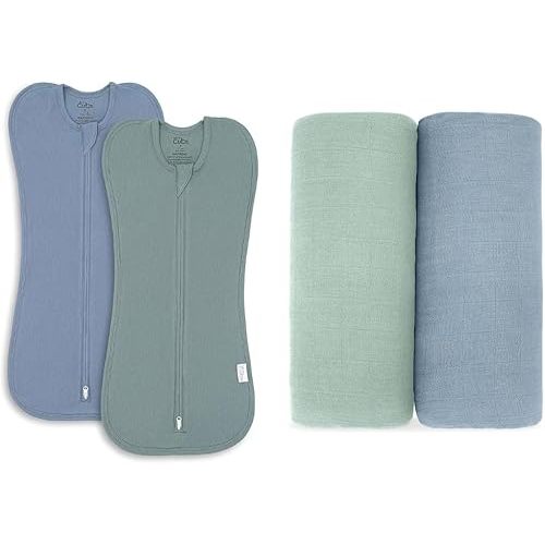 Comfy Cubs Swaddle Blanket Baby Girl Boy Easy Zipper Wrap 2 Pack and 2 Pack Muslin Swaddle Blankets Bundled