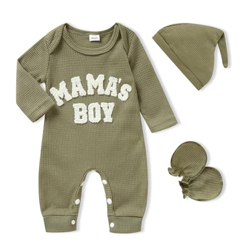 GRNSHTS Newborn Baby Boy Romper Coming Home Outfits Letter Print Bodysuit Jumpsuit+Hat+Gloves 3PCS Clothes Set