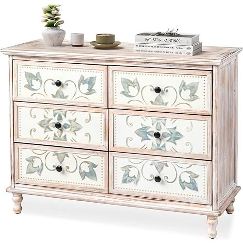 VINGLI Wash White Dresser for Bedroom, 6 Drawer Dresser Chest of Drawers, Boho Dresser Wooden, French Country Dresser with Carved Flower Pattern Drawers & Solid Wood Legs