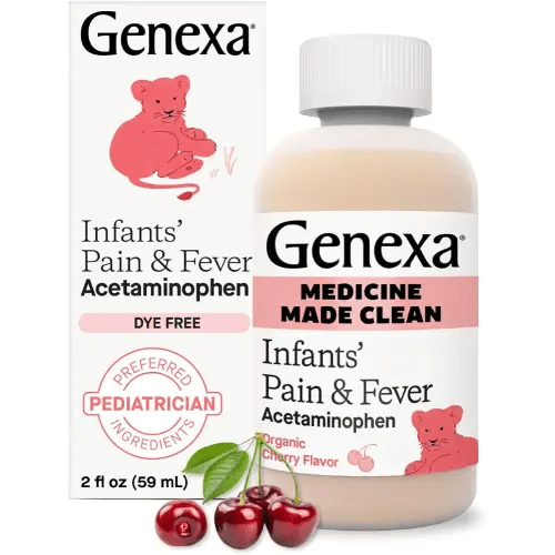 Genexa Infants' Clean Acetaminophen | Pediatrician Preferred Ingredients | Pain Reliever & Fever Reducer for Babies| Dye Free, 0% Artificial Additives | Delicious Organic Cherry Flavor, 2 fl oz