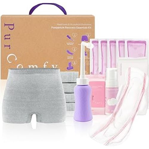 PurComfy 18 Pcs Postpartum Essentials Recovery Kit, Includes 5 Disposable Underwear, 24 Perineal Soothing Pad Liners, Perineal Soothing Foam, 5 Instant Ice Pads, Peri Bottle and 5 Postpartum Pads