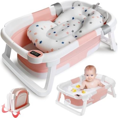 Morfone Collapsible Baby Bathtub for Newborn with Thermometer & Soft Cushion, Portable Travel Baby Tub for Infant to Toddler 0-36 Months, Pink