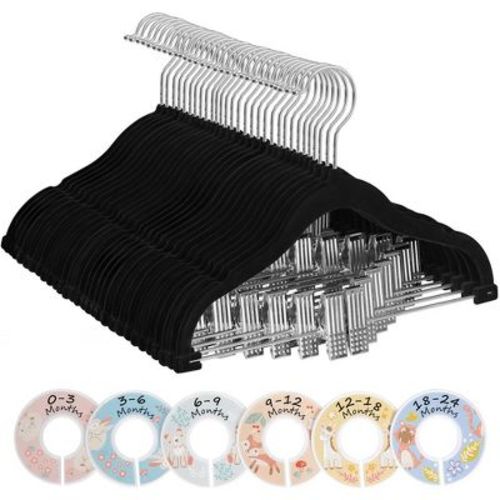 Songmics Baby Hangers, 30 Packs Pants Hangers With Clips, Kids Hangers With 6 Clothes Dividers, Non-slip Children¡¯s Clothes Hangers, Black