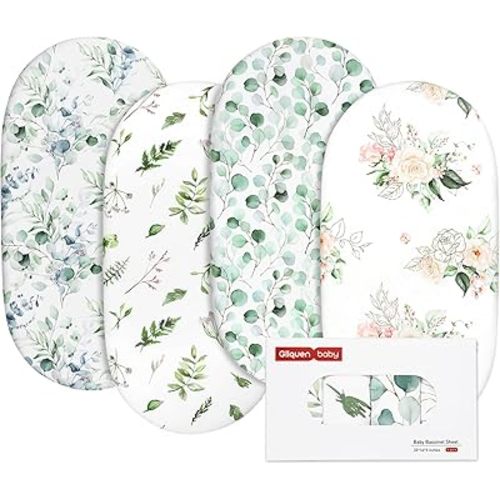 Gllquen Baby Bassinet Sheets 4 Pack, Breathable Cozy Fitted Mattress Sheet, Elastic Travel Crib Fashionable Floral Pattern, Standard Cradle Safe Sheets for Baby Boys Girls 32"x16"(Greenery)