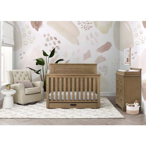 Caden 6-in-1 Convertible Crib with Trundle Drawer in Rustic Acorn