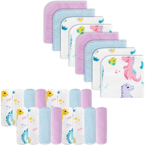 Baby Washcloths, 24Pack Baby Wash Cloths Extra Soft & Ultra Absorbent, Baby Towels and Washcloths Face Towels for Unisex Boys Girls Body, Washclothes Gentle on Sensitive Skin, 9x9 Purple Dinosaur