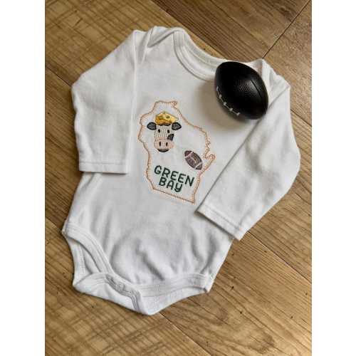 Wisconsin Green Bay Packers Embroidered Baby Bodysuit-Packers Baby Apparel-Green Bay Packers Gift-Football-Cow-Cheesehead- 3-6 Mos.