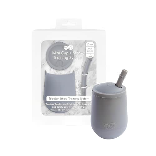 ezpz Mini Cup + Straw Training System - 9 Months+ (Gray) - 100% Silicone Training Cup for Infants + Toddlers - Designed by a Pediatric Feeding Specialist