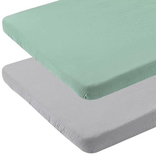 Muslin Bassinet Sheets 33" x 19" Compatible with Mika Micky, KoolaBaby (3 in 1), BabyBond, HARPPA and RICUTON Bedside Bassinet, 2 Pack for Baby Boy and Girl, Grey and Green