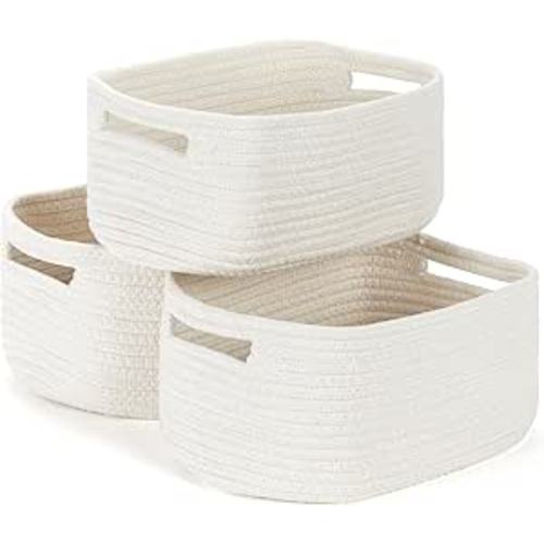 Bidtakay Small Cotton Rope Storage Baskets for Organizing 3 Pack Woven Baskets for Storage Closet Organizer Bins for Shleves 11.8×7.8×5 inch Cute Boho Decorative Basket with Handles - Off White