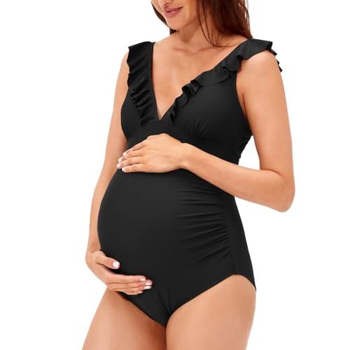 Summer Mae Ruffle Maternity Swimsuit One Piece V-Neck Pregnancy Bathing Suit Lace Up Swimwear Push Up Monokini