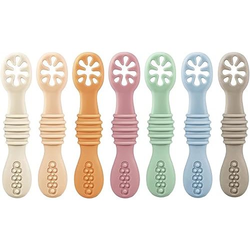 PandaEar 7 Pack Silicone Baby Feeding Spoon| Baby led Weaning Spoon for Self Feeding First Stage| Infant Toddler Baby Spoons 4 6months| BPA Free