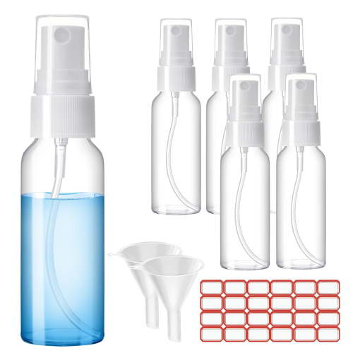 Genreen Spray Bottles, 6 Pack 2oz/50ml Clear Empty Fine Mist Plastic Mini Travel Bottle Set, Small Refillable Liquid Containers with 2pcs Funnels and 24pcs Labels.