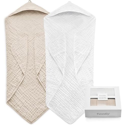 Newborn Hooded Baby Towels, 35x35 Inch 2 Pack 100% Muslin Cotton Baby Bath Towel, Soft Baby Beach Towels with Hood for Infants, Toddlers and Kids, (White + Beige)