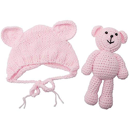 Newborn Baby Photo Shoot Props Boys Girls Crochet Knitted Hat Bear Hat Beanie with Bear Dolls Photography Props
