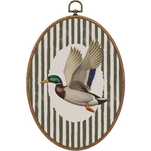 RUKUPA Vintage Mallard Duck Hunting Oval Wall Art, Farm Animal Nursery Wall Hanging Decor, Farmhouse Duck Striped Oval Canvas Artwork Framed Prints for Kids Room Bedroom Playroom Home, 8.6x11.4 Inch