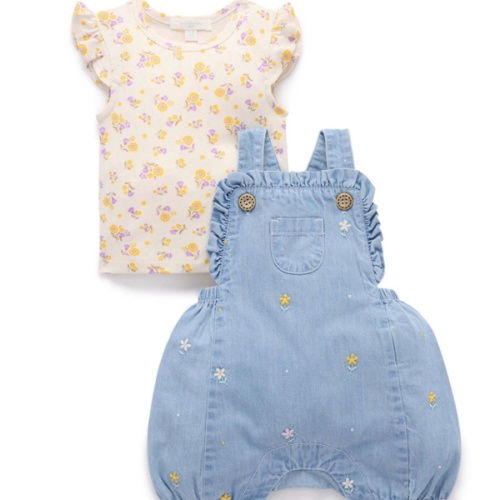 Blue Daisy Broderie Overall Set - Purebaby