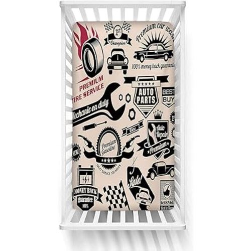 Retro Fitted Crib Sheet,Car Repair Shop Logos Monochrome Car Silhouettes Best Garage in Town Microfiber Silky Soft Toddler Mattress Sheet Fitted,28"x 52"x 8'',Baby Sheet for Boys Girls