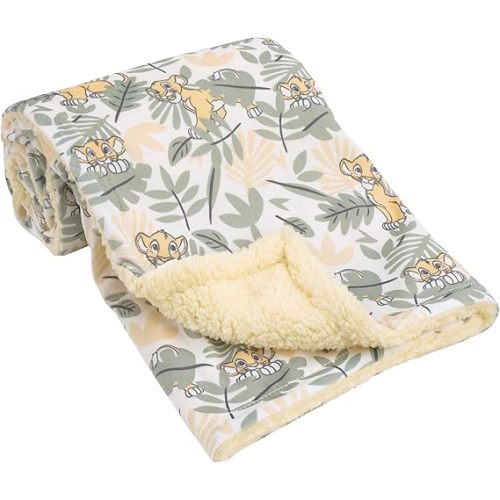 Disney Lion King Simba Yellow, Green, and White Jungle Leaves Super Soft Baby Blanket with Sherpa Back