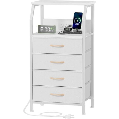 Furnulem Night Stand with Charging Station, Dresser with PVC & Fabric Drawers, 33.3 Inch Side Table with Open Shelf, Tall Bedside Table for Closet, Entryway, Bedroom Furniture, 3 Ways to Use, White