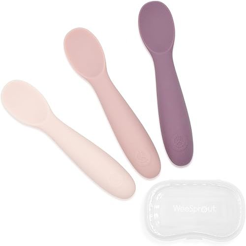 WeeSprout Baby Spoons for Self Feeding 6 Months +, Soft & Durable Silicone Utensils for Sensitive Gums & Teeth, Easy Grip Handles & Shorter Length for Little Hands, 3 Pack + Carrying Case