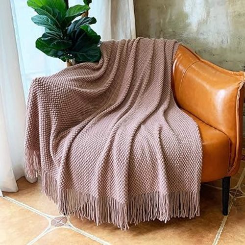 LOMAO Knitted Throw Blanket with Tassels Bubble Textured Lightweight Throws for Couch Cover Home Decor (Pink, 50x60)