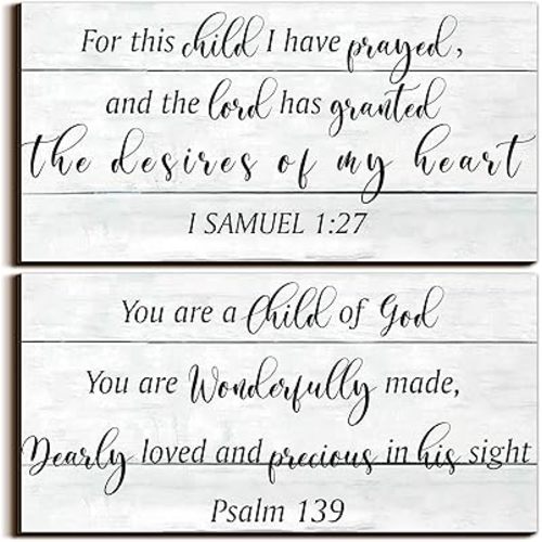 Yookeer 2 Pcs Wood Nursery Wall Decor for Girls Boys Baby Girl Room Decor Nursery Christian Wall Art This Child I Have Prayed Bible Quote Hanging Sign for Kids Home 12 x 6 Inch(Retro)
