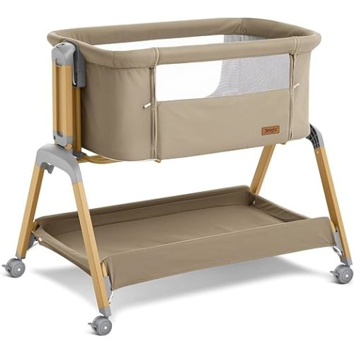 3 in 1 Baby Bassinet, Rocking Bassinets with Comfy Mattress and Wheels, Adjustable Height Bassinet Bedside Sleeper, Easy Folding Portable Crib for Newborn (Khaki)