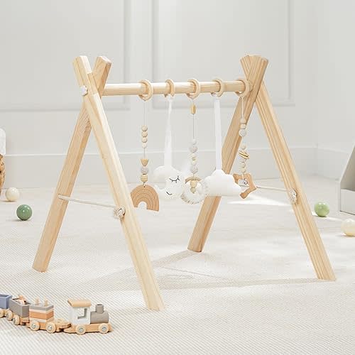 Comfy Cubs Wooden Baby Play Gym - Natural Finish Pinewood Baby Activity Gym with 5 Sensory Hanging Toys - Easy No-Tool Assembly, Safe and Durable for Infant Motor and Visual Development - Natural Wood