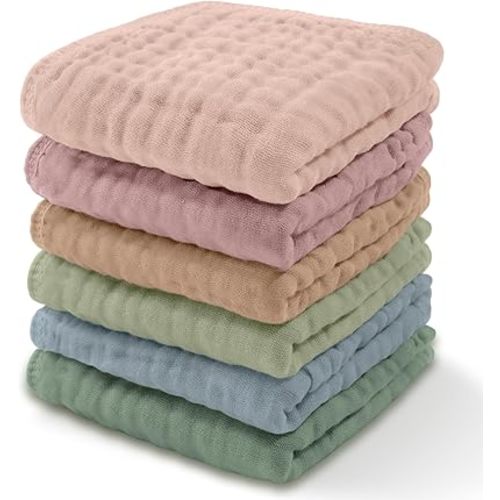 Comfy Cubs Muslin Baby Washcloths 6 Pack - Soft 6-Layer Cotton Wash Cloths for Sensitive Skin - 10"x10" Large, Gentle, Absorbent Infant Essentials for Newborn and Toddlers - (Multicolor)