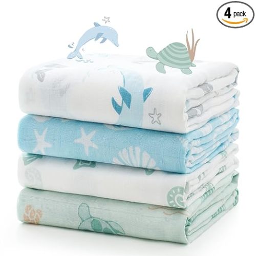 Momcozy Muslin Swaddle Blankets, 4-Pack Breathable and Skin-Friendly Receiving Blankets, Best Wishes Swaddle Blanket Shower Gifts & Baby Registry Essentials, Large 47"x47", Ocean Pixie Dream