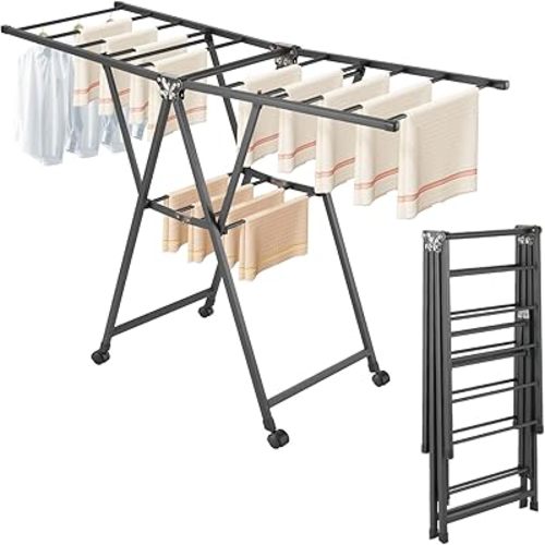Folding Clothes Drying Rack 2-Tier, Large Laundry Drying Rack with Height-Adjustable Wings, Indoor Outdoor Collapsible Foldable Clothes Drying Rack, with 4 Castors,Easy to Fold - Grey