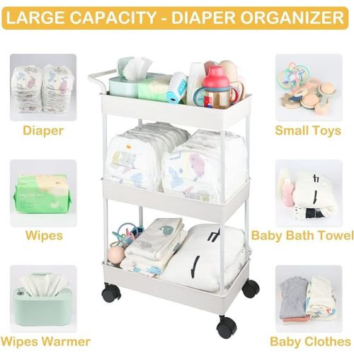 Baby Diaper Caddy, Plastic Movable Cart for Newborn Nursery Essentials Baby Diapers Organizer for Changing Table & Crib, Easy to Assemble, Beige