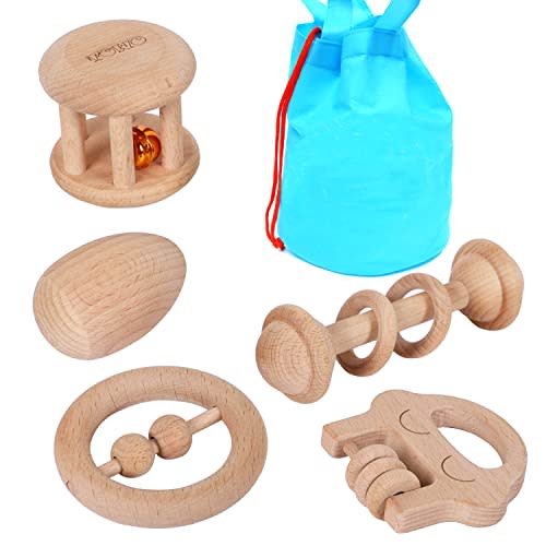TOWO Wooden Rattles Maracas Baby Toys 6 Months-Organic Eco Toys for Infant Grasping Teething Natural Tether Musical Instrument Shaker Sensory Brain Development Newborn Birth Gift for Boys Girls