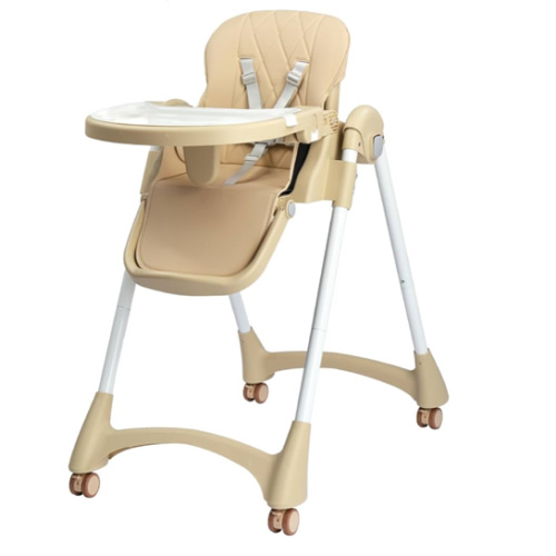 JOYMOR 4 in 1 Folding Baby High Chair for Babies to Toddlers, Infant Eating Foldable Highchair w/Leather Seat Cushion, 4-Position Removeable & Adjustable Tray, 5-Point Harness (Beige)