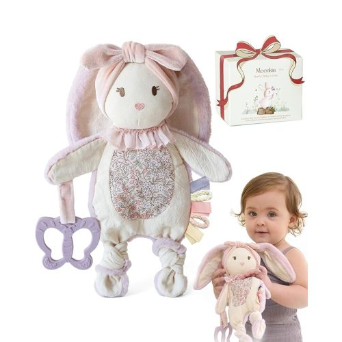 Moonkie Baby Lovey with Silicone Teether, Bunny Security Blanket with Textured Ribbons, Crinkle Toys, Soft Minky Velour & Natural Cotton, Newborn Girl Gift for Baby Shower or Birthday