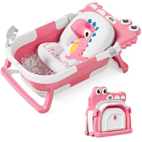 TPN Collapsible Baby Bathtub, Baby Bath Tub with Soft Cushion & Real-Time Thermometer, Baby Bathtub Infant to Toddler Tub (0-36 Months), Portable Travel Baby Tubs for Newborns (Pink)