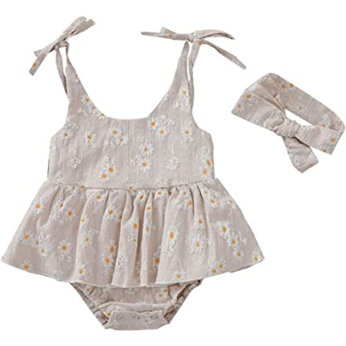 Baby Girls Daisy Playsuits Bodysuit+Headband Print Halter Romper Floral Jumpsuit Infant Summer Clothes