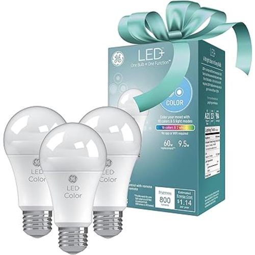 GE LED+ Color Changing A19 LED Light Bulbs with Remote, Indoor Multicolor Light, College Dorm Light, Dorm Room Essentials, Bedroom Light, 9.5W, Christmas Gifts for Men, Holiday Gift for Women (3 Pack)