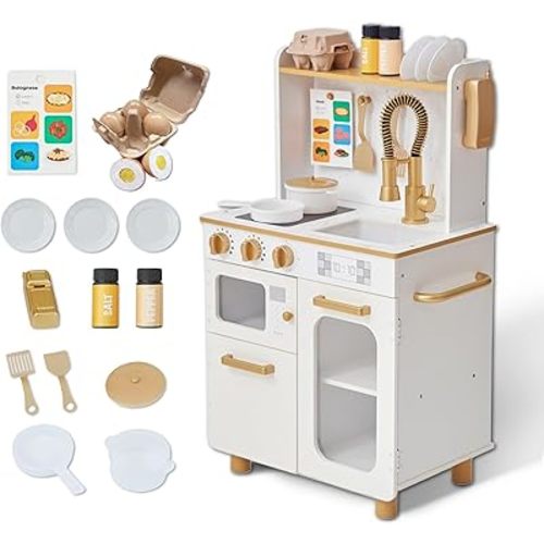 Teamson Kids Little Chef Memphis Interactive Wooden Play Kitchen Playset with Realistic Features, Toys Kitchen with 16 Pcs Accessories, Gift for kids Ages 3+, Light Oak/Faux White Marble/Gold