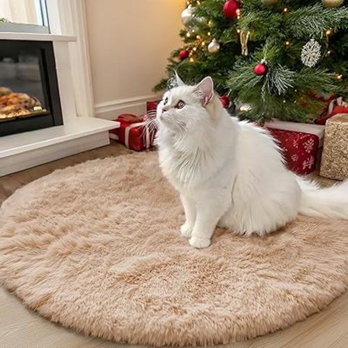 OLANLY Beige Round Rugs for Bedroom - Machine Washable, 3 ft Circle Area Rugs for Living Room, Soft and Fluffy Shaggy Carpet for Teen Girls and Boys, Nursery Rooms, Dorms, Home Decor Aesthetic