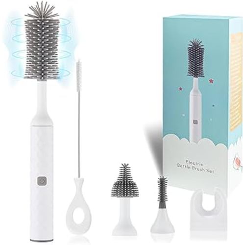 WHNL Electric Bottle Brush, 4 Piece Bottle Brush Set with Baby Bottle Brush Cleaner, Nipple Brush, Pacifier Cleaner, Straw Cleaner Brush, Gifts for Newborns and Mothers, White