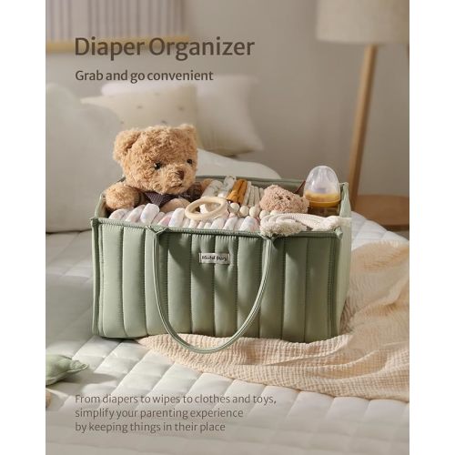 Blissful Diary Baby Diaper Caddy Organizer, Stylish Baby Diaper Caddy Basket With a Baby Burp Cloth - Gift for Baby Shower List, Newborn Essentials, Baby Registry Must Have - Sage Green - Sage Green + 1 Burp Cloth