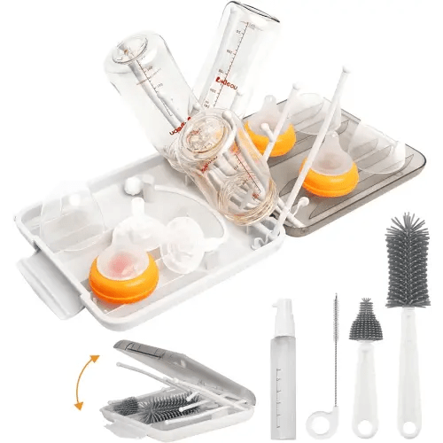 Maclined Travel Baby Bottle Drying Rack Set with Extendbale Protable Silicone Bottle Brush, Nipple Cleaner Brush,Straw Brush Compact Size Baby Essential for Newborn & Moms (White)