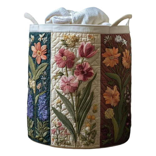 Quilted Laundry Basket with Handles, Boho Floral Fabric Storage Hamper, Large Soft Quilted Laundry Basket for Bedroom, LaundryRoom, Clothes & Toys