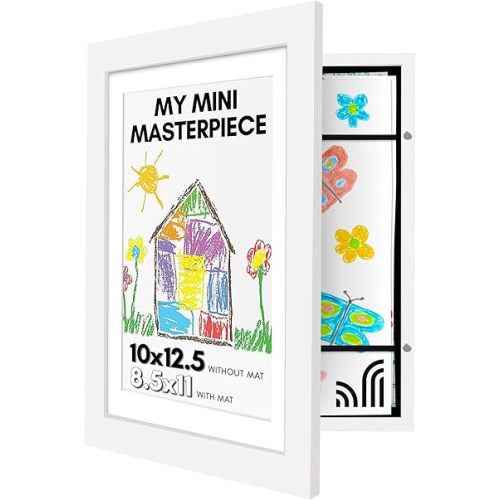 Americanflat 10x12.5 Kids Art Frame - Front Loading Picture Frames Hold 100 Artworks - Use as 8.5x11 Frame with Mat or Display 10x12.5 Artwork Without Mat - My Mini Masterpiece - White